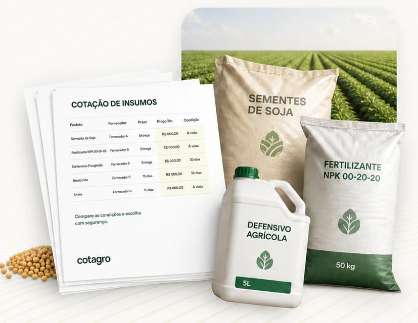 Documentos de cotação ao lado de sementes de soja, fertilizante NPK e defensivo agrícola